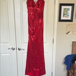 Red Metallic V-Neck Prom Dress